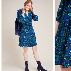 Anthropologie Maeve Pippa Butterfly Blue Green Button Shirt Dress Small
